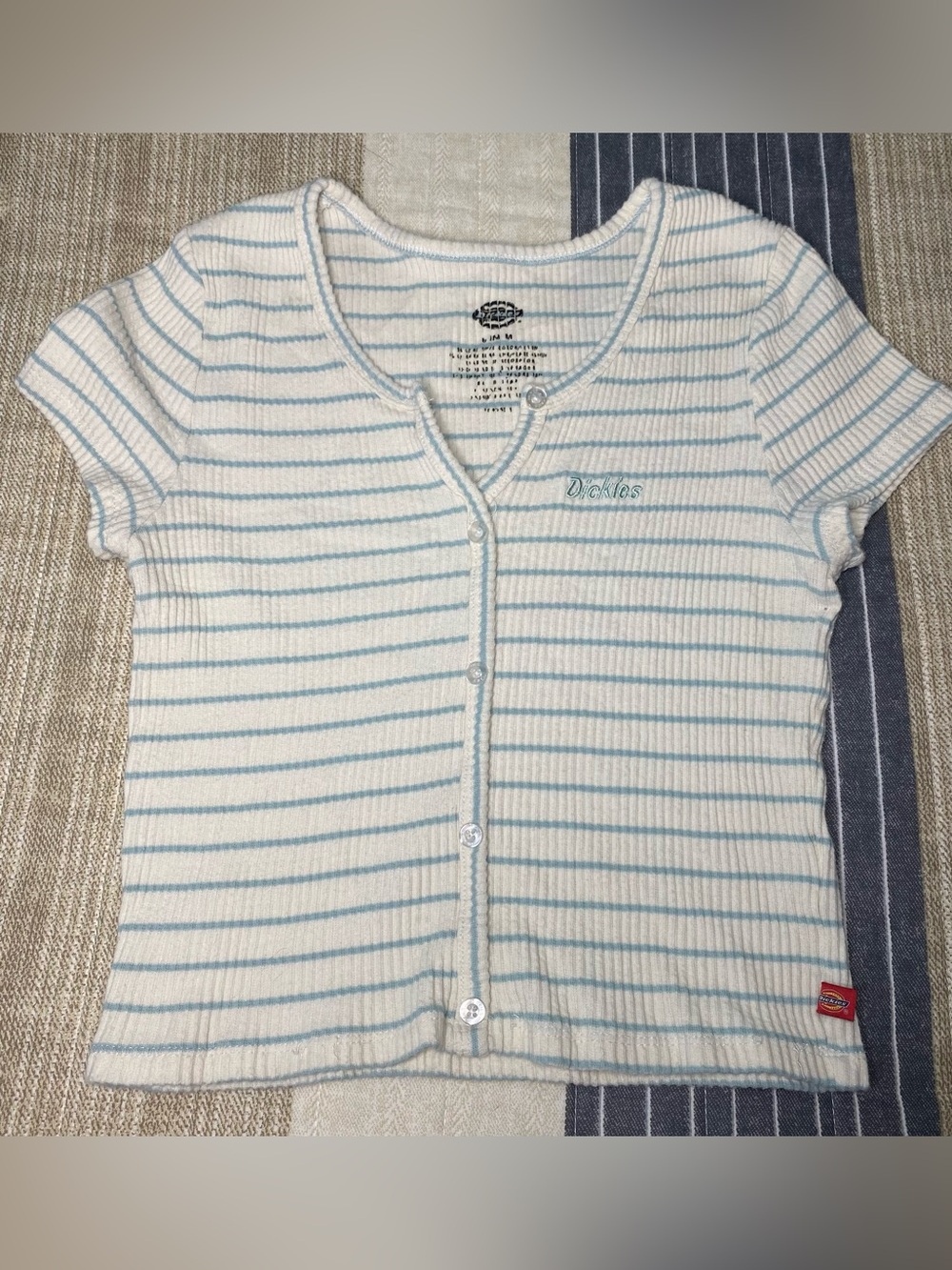 Dickies White Button-Front Top with Light Blue Stripes